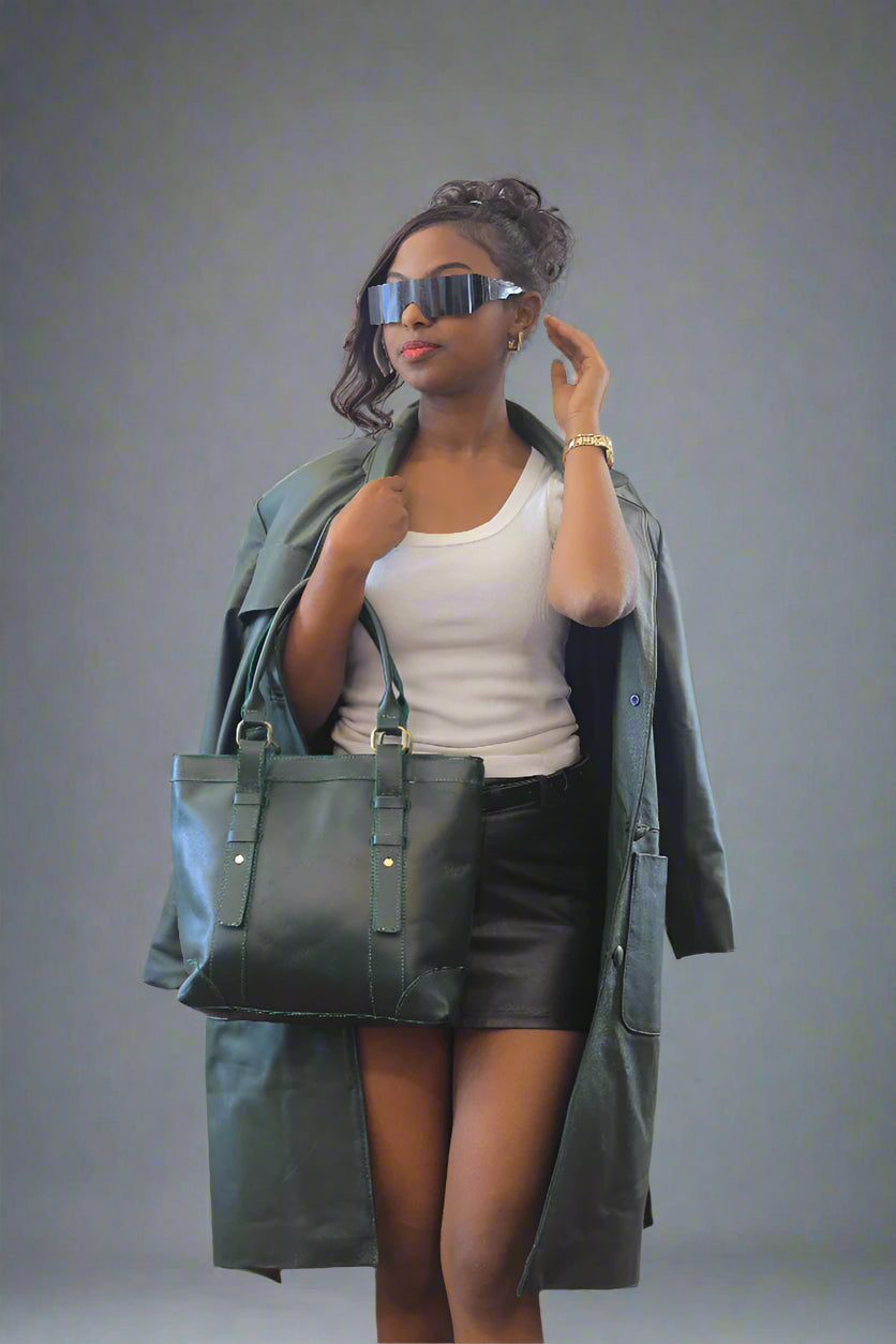 Emerald Elegance Belted Leather Trench Coat – Luxury Outerwear for All Seasons